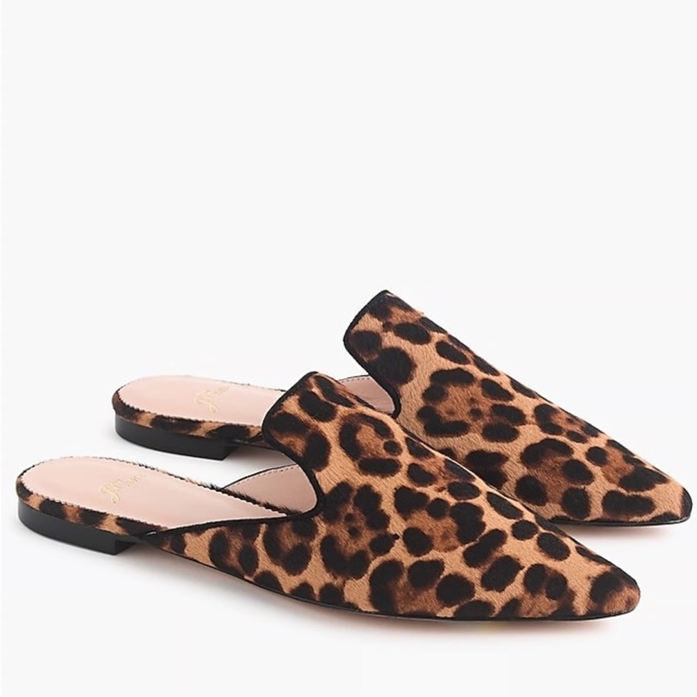 J. Crew Leopard Calf Hair Pointed Toe Flat Slides Size 5.5